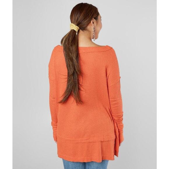 FREE PEOPLE North Shore Thermal Tunic Top Size Small Corral Orange Waffle Knit - Picture 6 of 11